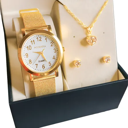 Kit Relógio Feminino Quartz Prova Dágua + Colar E Brincos Dourado Brilhante Premium