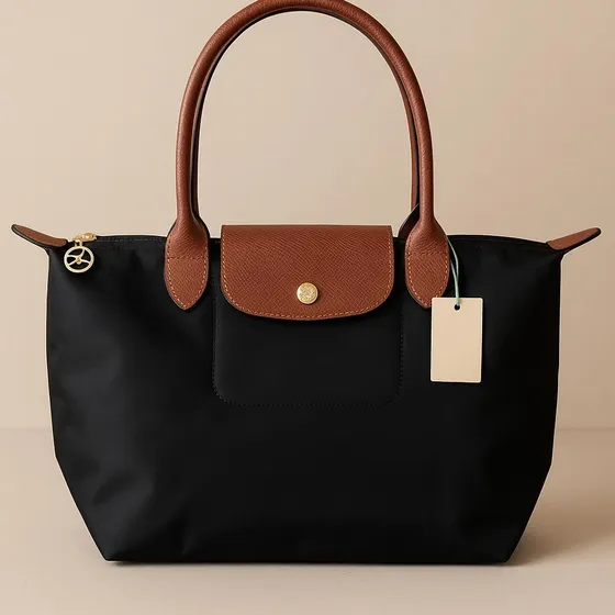 Bolsa Tote Le Pliage Longchamp Preta Grande Preto Lisa Ouro Marrom