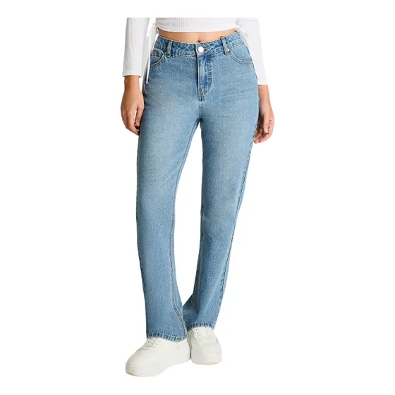 Jeans Recto Tiro Alto Celeste Mujer Moda Denim Básicos