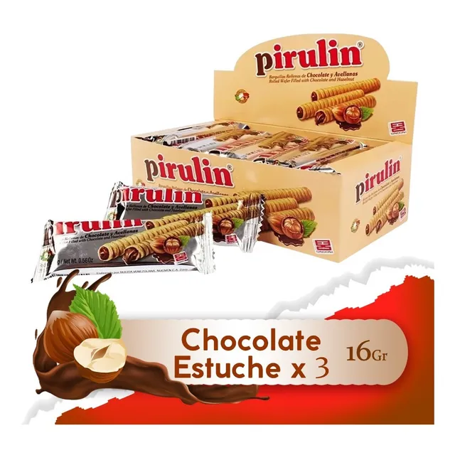 Pirulin Chocolate Porción Tres  Display 25u De 16g