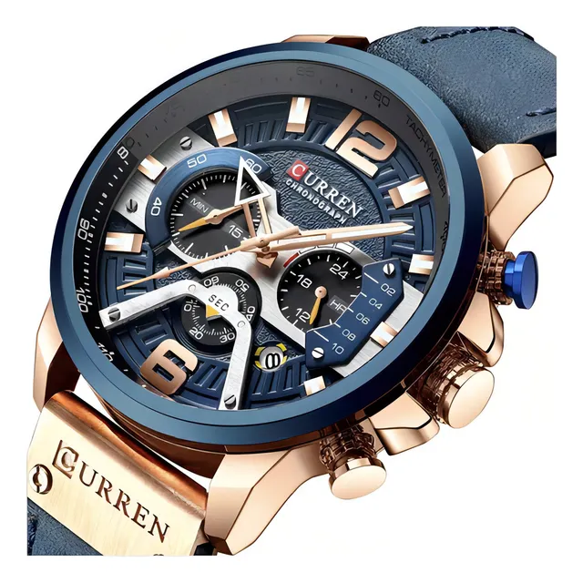 Reloj Curren 8329 para hombre, correa cronógrafo original de cuarzo, color oro rosa/bisel azul, color negro/ocre, fondo negro