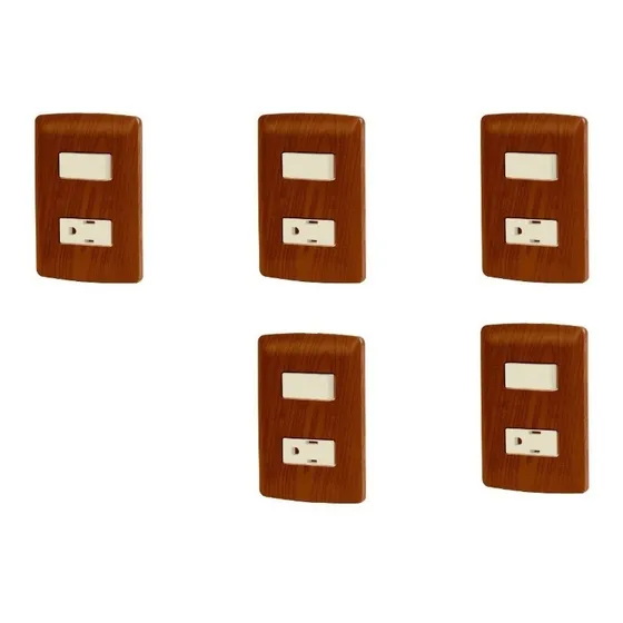  Kit De 5 Placas Armadas Contacto Y Apagador Color Madera