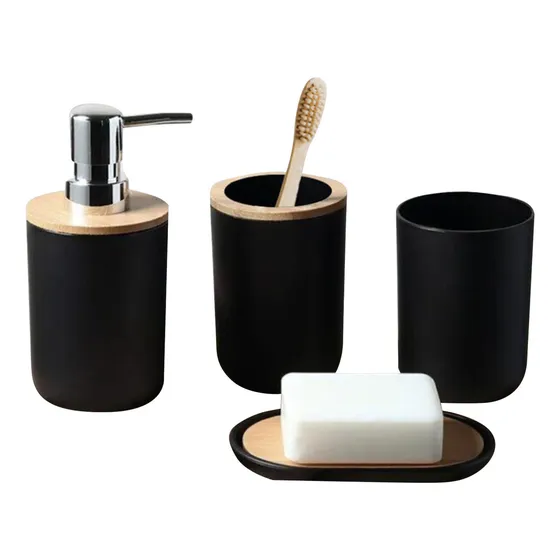 Accesorios De Baño Set De 4 Piezas Con Detalles De Bambu Fsy Fasilyt Yub-090 Color Negro