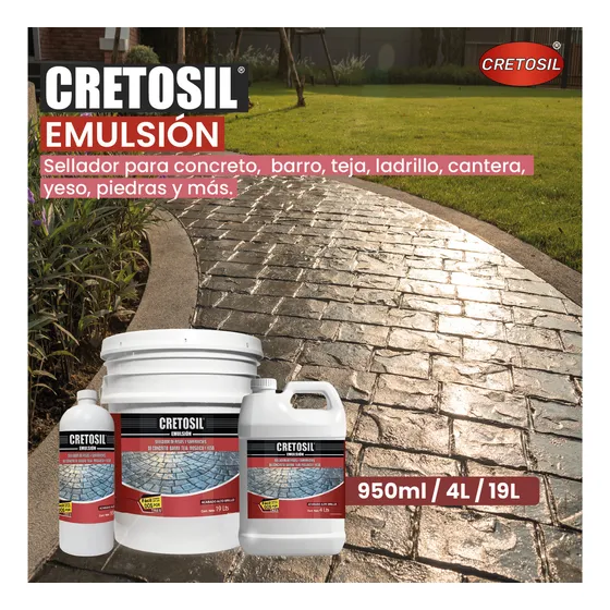 Cretosil Emulsión Sellador Apto Para Pisos Y Superficies Porosas Como: Concreto, Barro, Teja, Ladrillo, Cantera, Yeso, Piedras Y Más. 4 Lts. ( Acabado Brillante, Color Transparente )