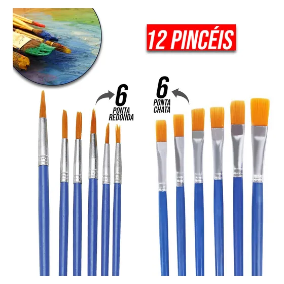 Kit 12 Pincéis Artesanato Pintura Ponta Fina Redonda E Chato Gurumania