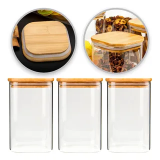 Kit 3 Potes De Vidro Com Tampa De Bambu 1 Litro Quadrado Pçs Kit 3 Potes De Vidro Com Tampa De Bambu 1 Litro Quadrado Pçs