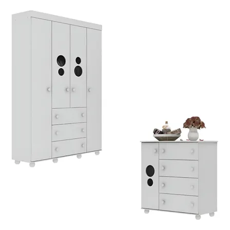 Kit Guarda-Roupas Infantil 4 Portas 3 Gavetas e Cômoda 1 Porta 4 Gavetas Pimpolho Multimóveis MP4209 Cor Branco