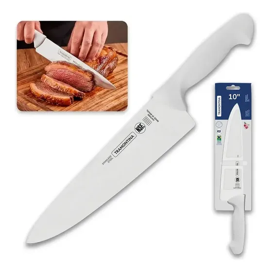 Faca Tramontina Carne Churrasco Cozinha Chef Aço Inox Cabo Branco 10 polegadas Linha Premium