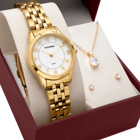 Relógio Feminino Mondaine Dourado Luxo + Kit Joias Fundo Branco