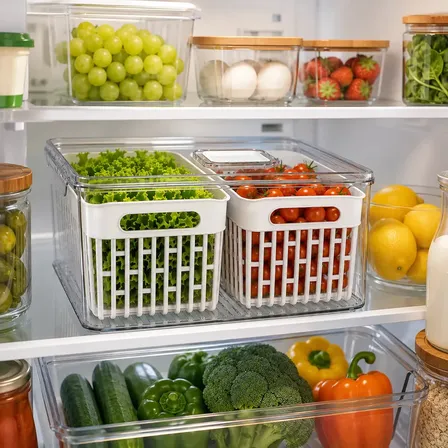 Organizadores Geladeira Acrílico com Tampa Transparente 8 Litros Cesto Removível Empilhável Multiuso Frutas Verduras Alimentos Cozinha