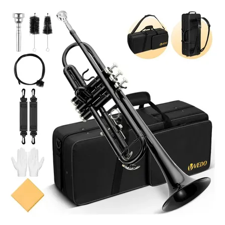 Kit Trompete Vedo Si Bemol Bb Laqueado Estojo Case Luxo Cor Preto