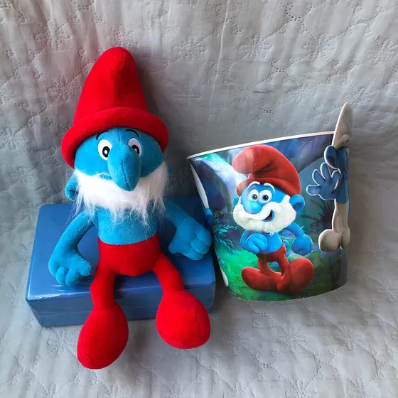 Kit Pelúcia Papai Smurf 35cm Original + Balde Pipoca Filme
