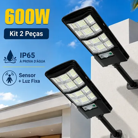 Kit 2 600w Luminaria Solar Externa Potente Com Sensor Luminaria Poste Solar Preto