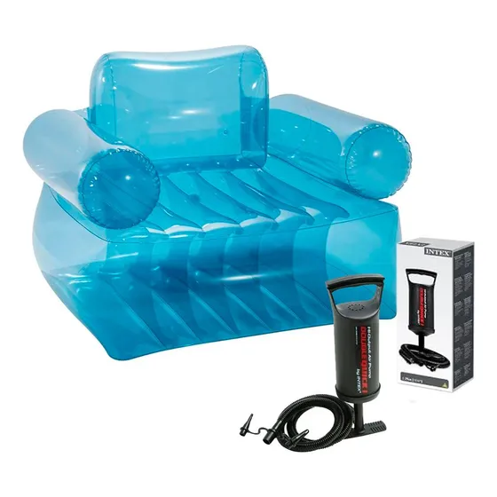 Poltrona Azul Puff Sofá Inflável Intex + Bomba De Ar Manual