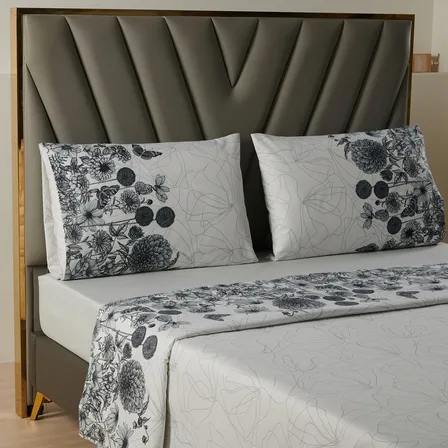Juego Sabanas Estampadas Ultra Suave +funda Almohada Casatua King - Flores Gris Liso King
