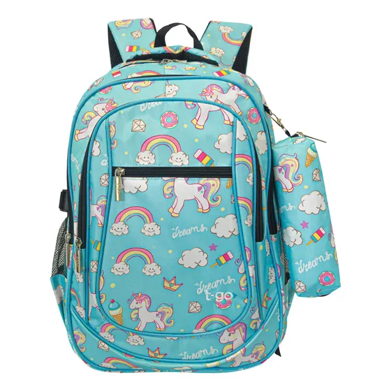 Mochila T-go Escolar Modelo Eb44 25l Viaje Color Celeste Diseño Unicornio