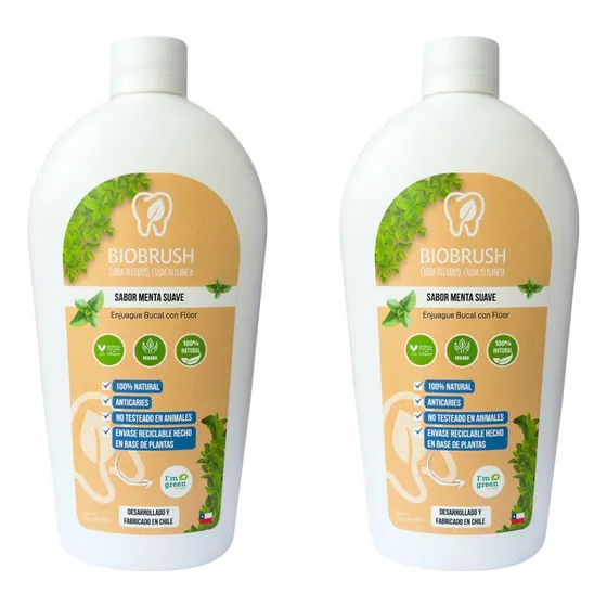Pack 2 Enjuague Bucal Biobrush Menta Con Flúor 500 Ml