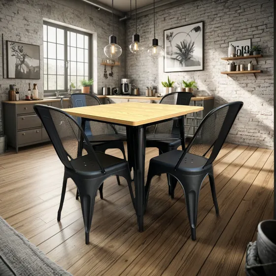 Combo Mesa Metal Con 4 Sillas Tolix Negras