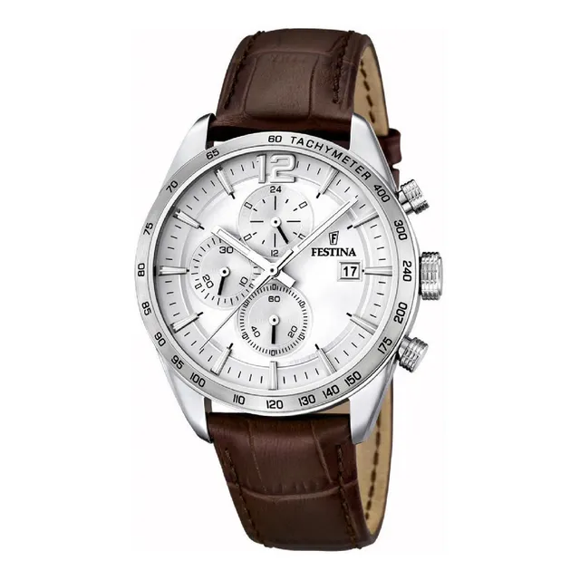 Reloj Festina F16760/1 para Hombre con correa de cuero color marrón, tablero fondo blanco con función de calendario.