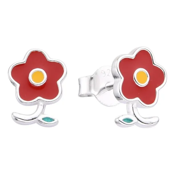 Zarcillos Flor Roja En Plata De Ley 925 Joyas Infantil Niña