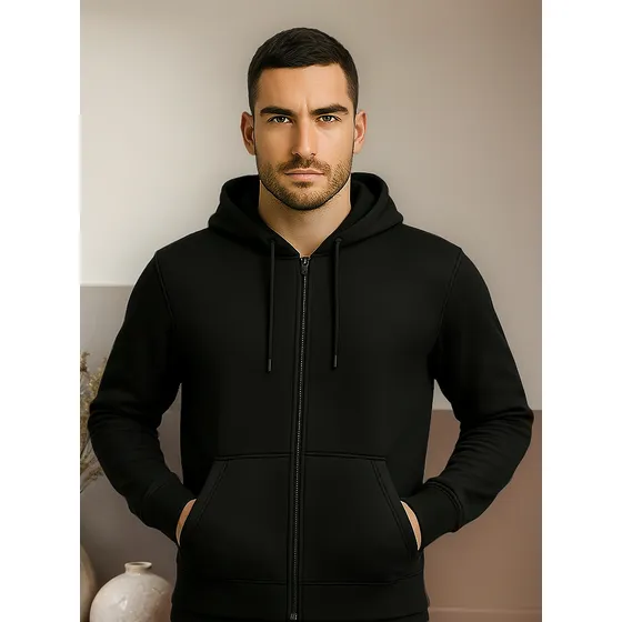 Jaqueta Moletom Masculina Flanelada De Zíper, Capuz E Bolso