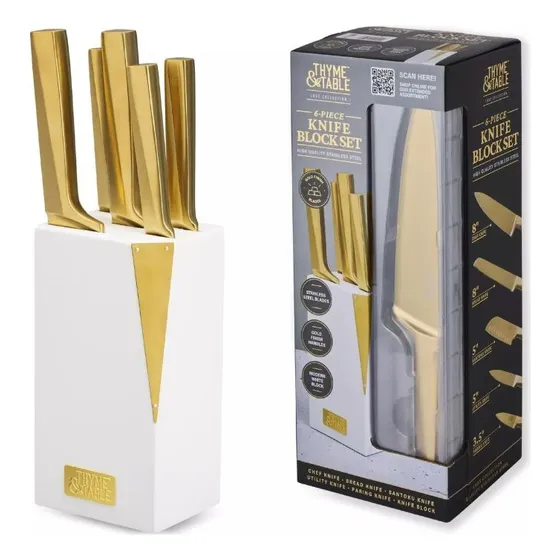 Set 6 Pzs Juego Cuchillos Dorados C Bloque Acero Inoxidable