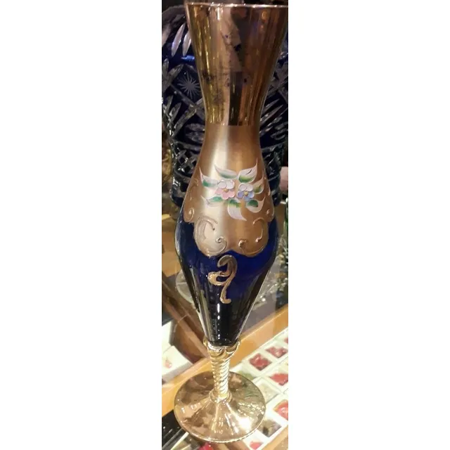 Antiguo Florero Cristal Veneciano Murano Azul Oro 29 Cm  