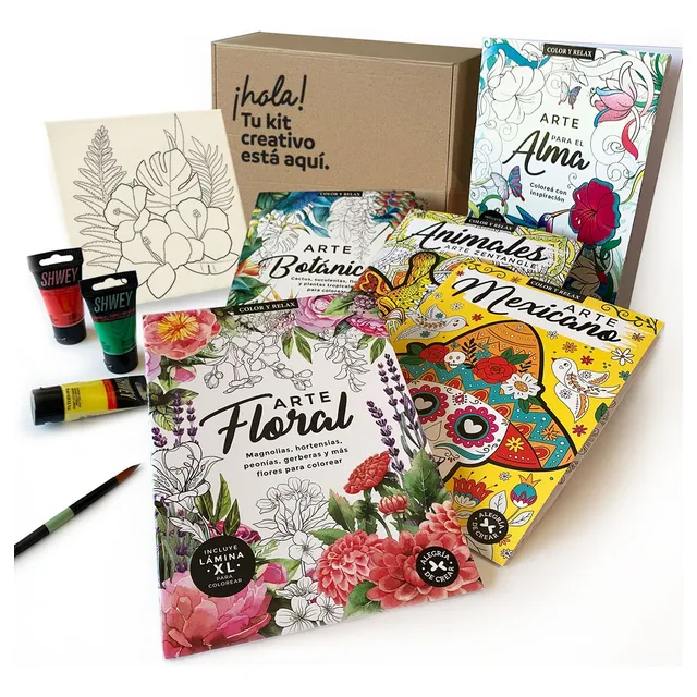Set De Arte 5 Libros Para Colorear + Bastidor Pincel Pintura
