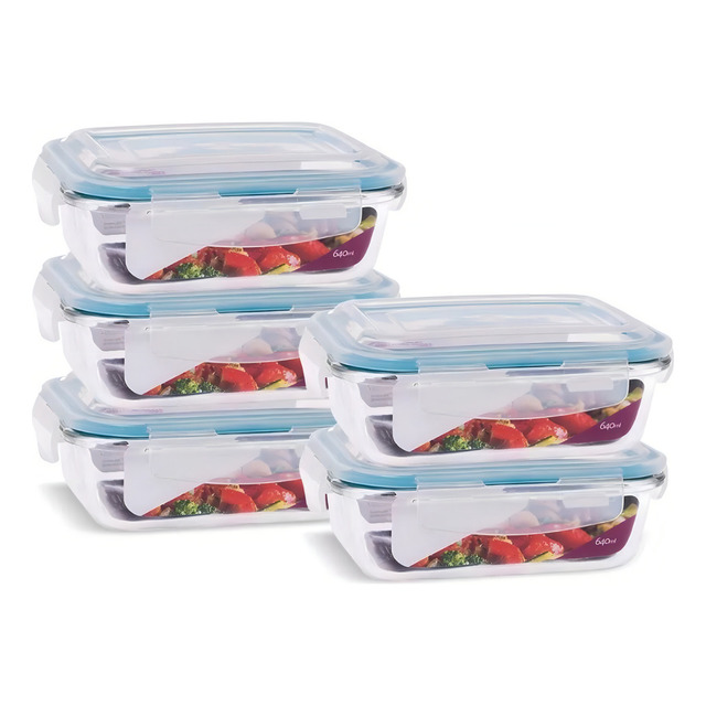 Conjunto 5 Potes Vidro Hermético Marmita Mantimentos 640ml
