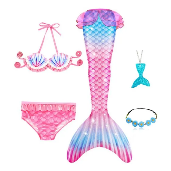 Traje De Baño Niñas Sirena Con Cola Rosado Colores 5 Piezas