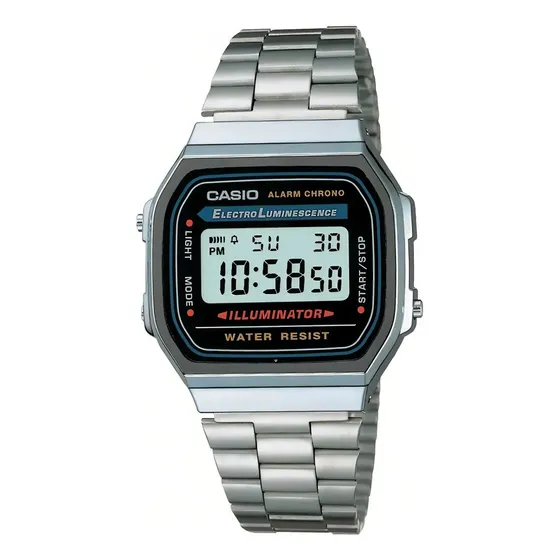 Reloj pulsera digital Casio A-168WGG-1B con correa de acero inoxidable color plateado - fondo gris\u002Fnegro\u002Fazul | Cuotas sin interés