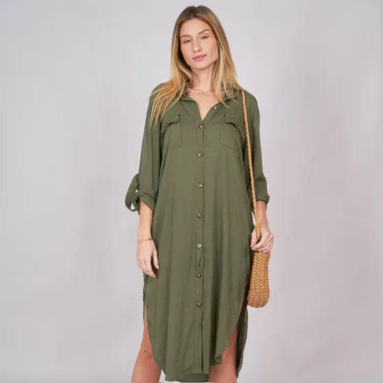 Customs Ba Vestido Lino Camisero Mujer Largo Talles Grandes