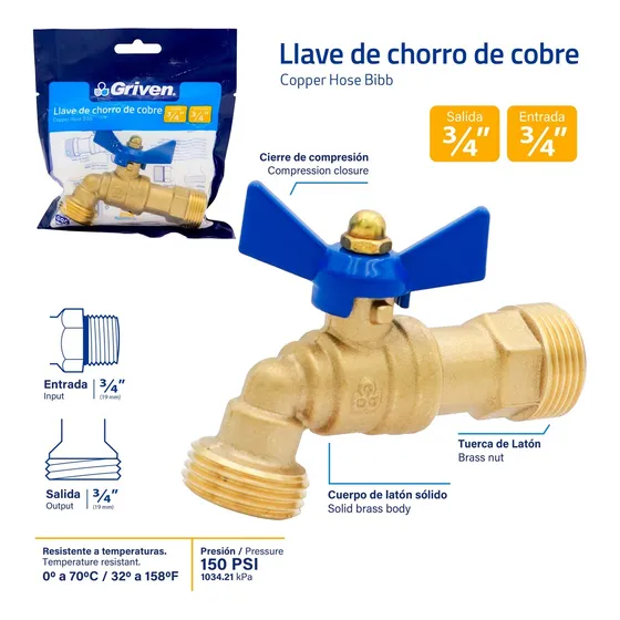 Llave Jardin Chorro Bronce Esfera  Entrada 3/4 X Salida 3/4