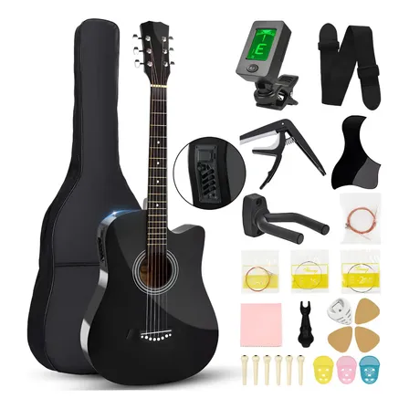 Kit Violão Eletroacústico De 38 Polegadas Para Iniciantes, Preto, Com Afinador E Acessórios Destro Wengué
