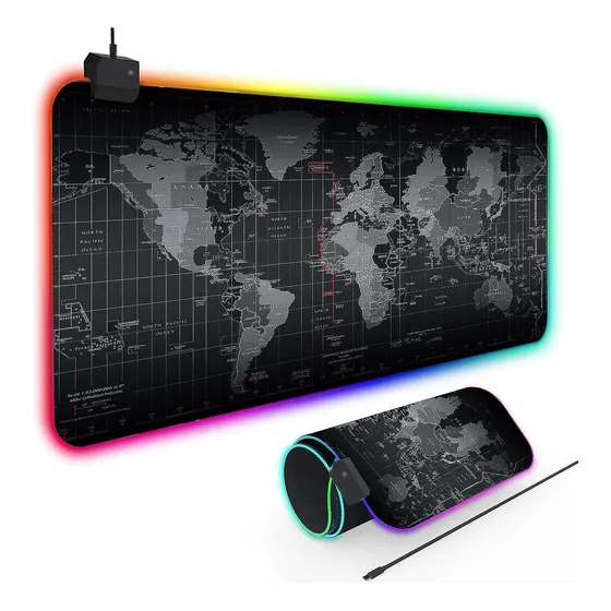 Mouse Pad Rgb Largo 30x80 Mapa Mundi World Negro