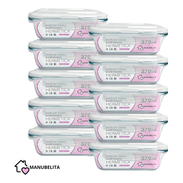 Manubelita Kit 10 Marmitas Vidro Hermético Vidro Tampa Trava 370ml Manubelita Kit 10 Marmitas Vidro Hermético Vidro Tampa Trava 370ml