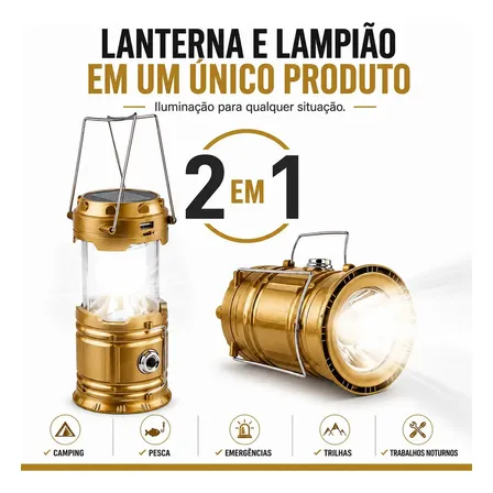 Lanterna Led Solar Lampião Camping Recarregável Usb Dourado