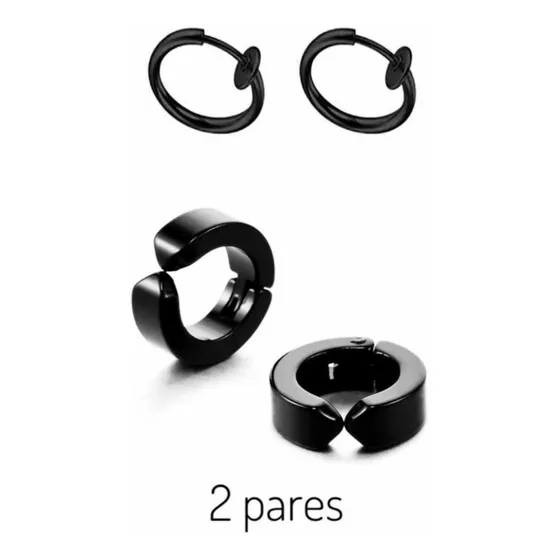 Brinco Pressão Preto Argola+piercing Falso Cartilagem 2pares