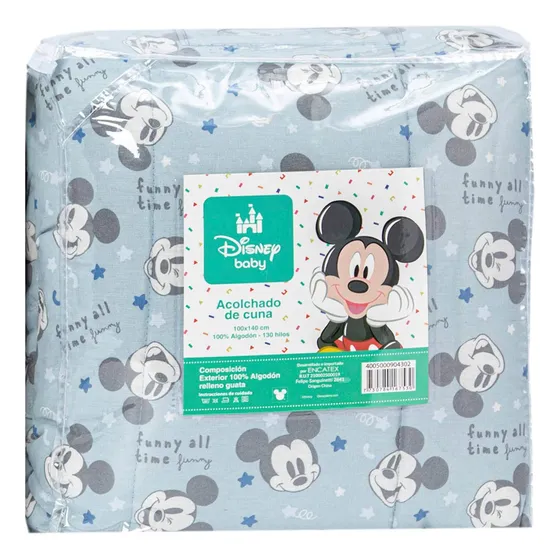 Acolchado Cuna 130 Hilos Mickey 100 X 140 Cm 100% Algodón Color Azul Acero