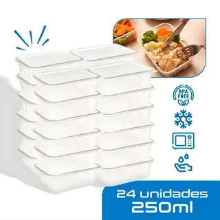 24 Marmitas 250ml Retangular Plástico Freezer Microondas Com Tampas