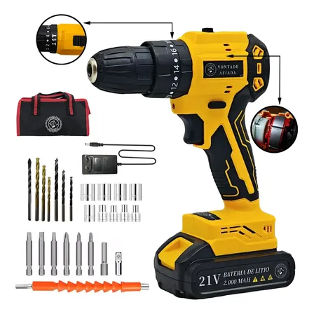 Parafusadeira Furadeira Sem Escovas Sem Fio A Bateria Bolsa Amarelo 21 60