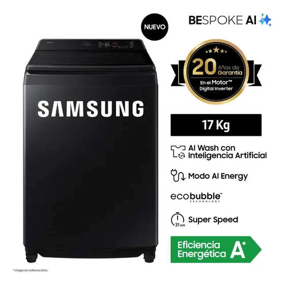 Lavadora Samsung 17kg Ai Wash Ecobubble Wa80f17s8bpe Negra Color Negro | Cuotas sin interés