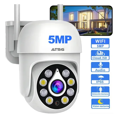 ATSG Cámara Seguridad WiFi 5MP Visión Nocturna, Audio Bidireccional, IP66, PTZ