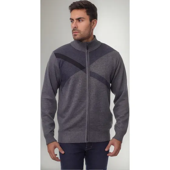 Suéter Masculino Tricot Listrado Com Zíper Inteiro Elegante