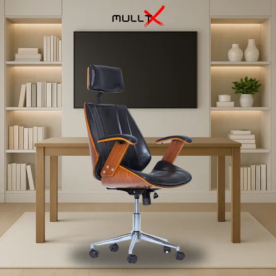 Cadeira De Escritório Executiva Presidente Super Luxo Cor Preta Giratória Ergonômica Com Em Madeira Amadeirada Couro Preto Ajustável Marca MULLTX