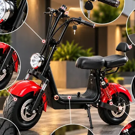 Scooter Elétrica Vermelha 1000W Bateria Lítio 48V 20Ah Autonomia 45-50km 40km/h Banco Duplo Encosto Pneus Largos Freio Hidráulico Até 200kg Sem CNH