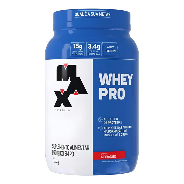 Whey Pro Concentrado Pote 1kg - Max Titanium Sabor Morango Whey Pro Concentrado Pote 1kg - Max Titanium Sabor Morango