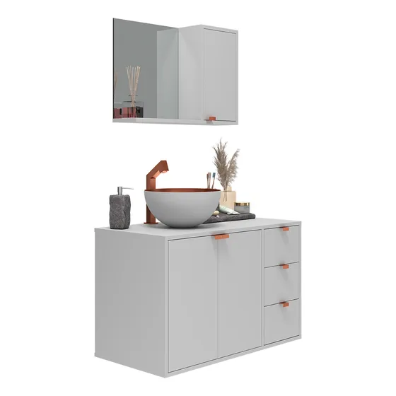 Set Banheiro Completo Suspenso 0.90cm Com Espelheira, Cuba Inclusa, Puxadores Em Ferro - Mod: Sofia Branco White