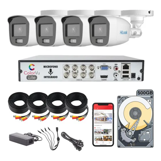 Kit Circuito Cerrado Hilook Dvr 8 Canales 4 Camaras 1080p 2mp Full Hd Colorvu Audio Thc-b129-ps Video A Color 24/7 Cable Coaxial 18mts + Disco Duro 500gb