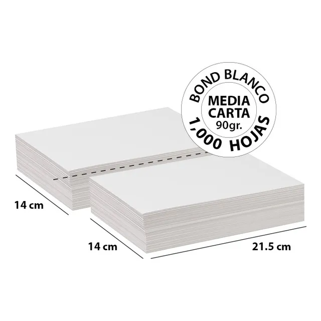 Papel Bond Blanco Media Carta 90 Gr - 1,000 Hojas